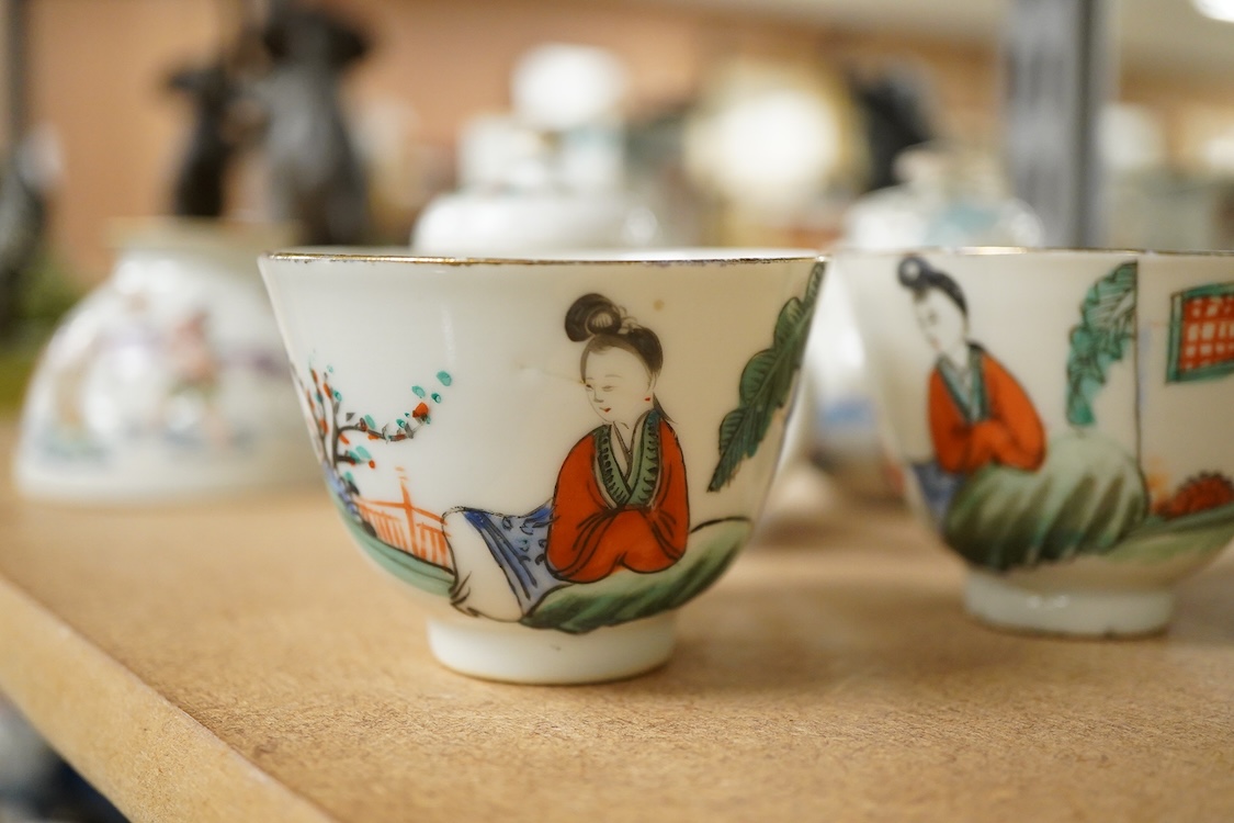 A collection of late 19th century Chinese famille wares to include a water pot, two teapots, and a square brushpot, together three Republic period tea bowls, largest 9cm high